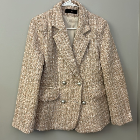 Pink & Cream Tweed Double Breasted Blazer Faux Pearl Buttons size Medium - Picture 2 of 11